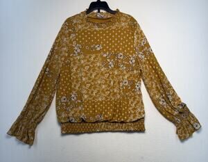 Luna Mustard Yellow Floral Women's Boho Peasant Blouse Top Size XL Strechy Waist